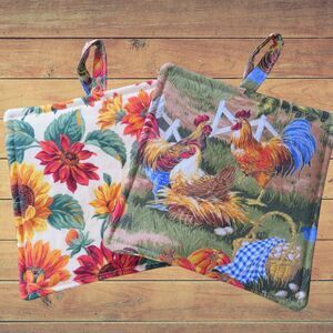 Handmade Potholder, Set of 2, Reversible Chickens and Sunflowers Hot Pads